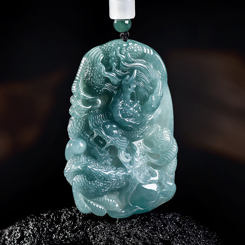 Jewelry & Watches Company - Naturalny Birmanski Jadeitowy Wisiorek Smok Naszyjnik