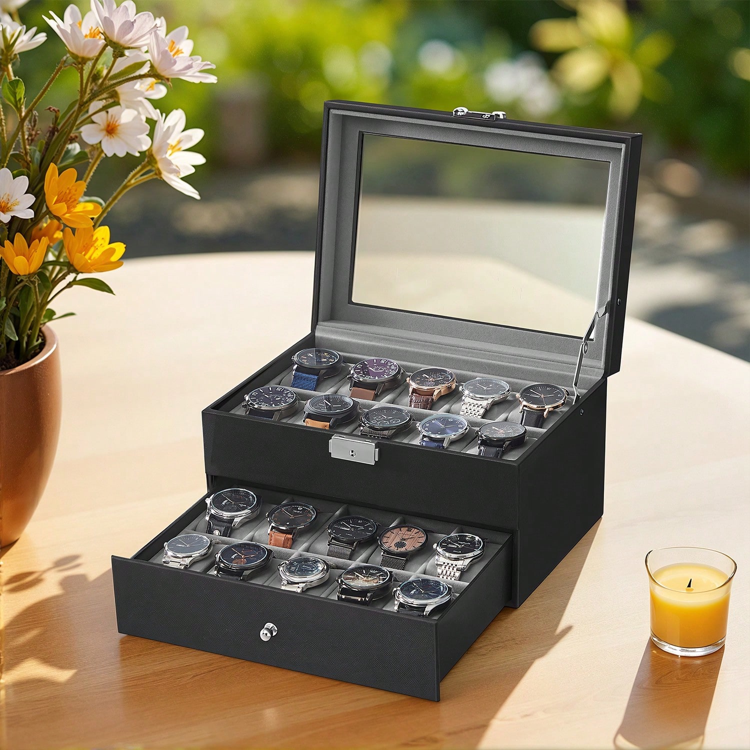 Jewelry Box Organizer Watches - Pudełko na 20 zegarków z szklaną